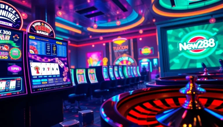 Engage with the electrifying atmosphere of trang chủ new88, showcasing players enjoying poker and slot machines in a modern online casino.