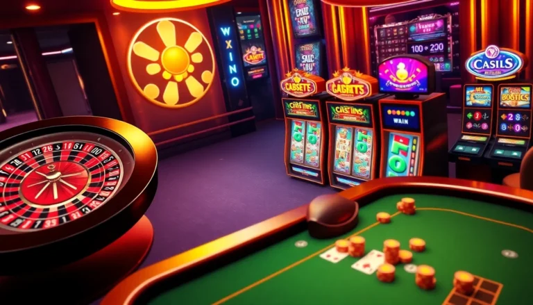 Experience the thrill of F8 Bet with vibrant slots, an animated roulette wheel, and active poker tables in a lively casino setting.